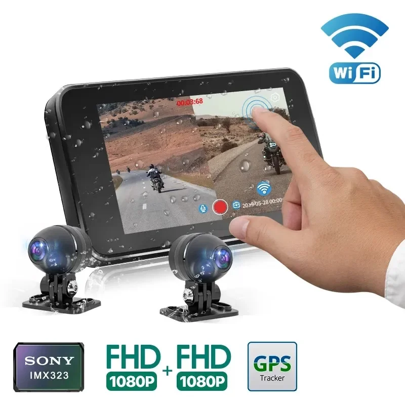 Motorcycle Dash Cam 4 Inch 1080P Dual Lens Wifi Video Recorder Motorbike Camera Sports Action Camera