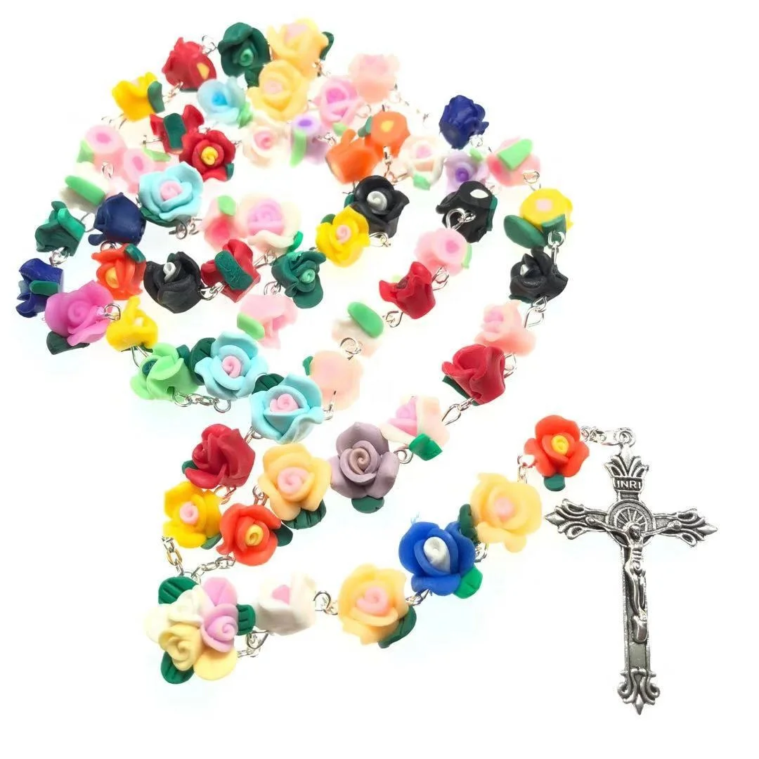 Candy bright colorful Soft Ceramic beads rose flower rosary catholic crucifix Necklace