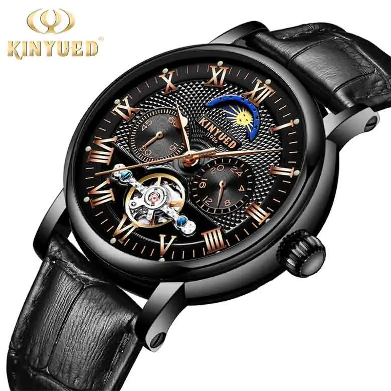 KINYUED Business Watch Men Automatic Clock Male Tourbillon Waterproof Top Brand Mechanical Watch Moon Calendar Relogio masculino