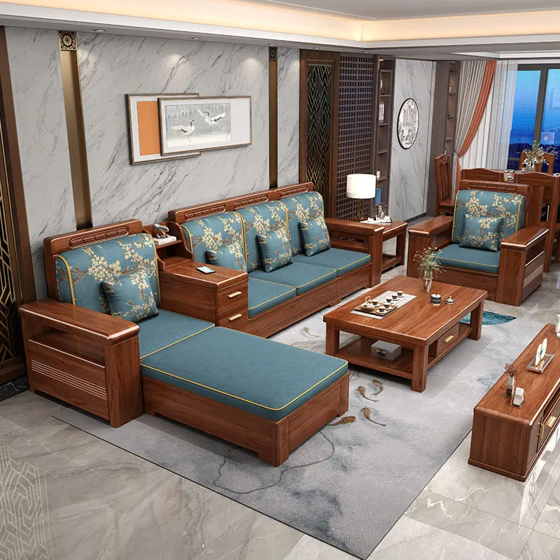 the new High-end Living Room Furniture Chinese Style Solid wooden Frame Fabric chinese sofa