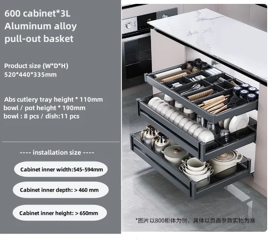 3-Tiers full opening Cabinet with 3 Shelves, Kitchen Pull Out basket with tempered glass for dish and pot storage