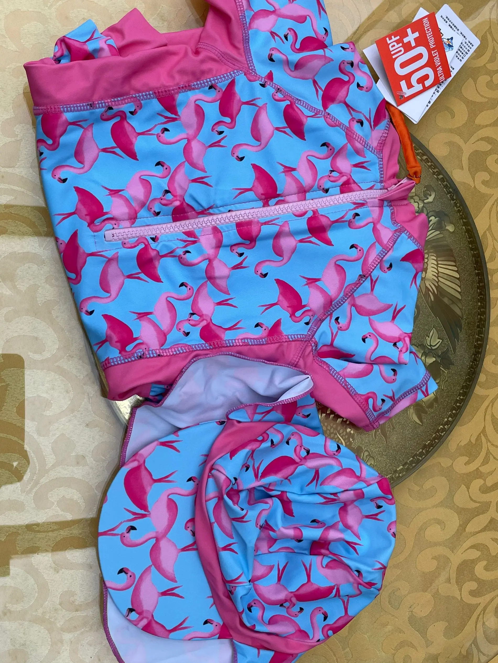 Toddler Swim Clothes short Sleeve  Girls Swimsuit twoPieces Zipper Ruffle Edge Swimwear Beachwear Custom