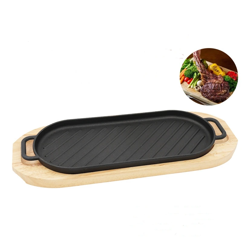 Preseasoned cast iron sizzler platter with wood base Servierpfanne gusseisen steakpfanne grillpfanne for kuche