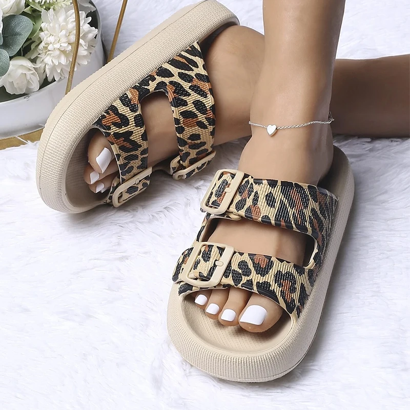 New Design Women Buckle Adjustable Non-slip Sides Leopard Pattern Slippers Summer Sexy Woman Large Size Sandals