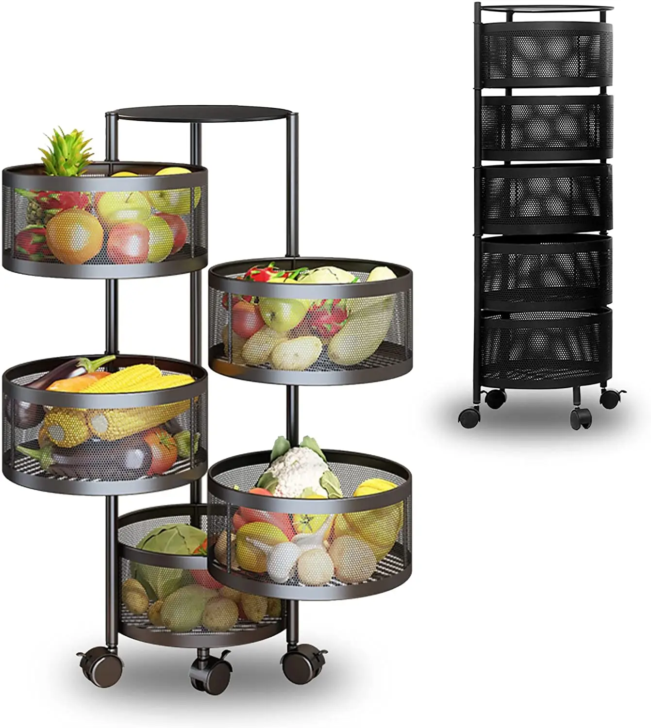 Round Storage Rack Kitchen 360 Rotating Fruit Vegetable Mesh Basket Kitchen Vegetable Storage Rack Rolling Storage Trolley Cart