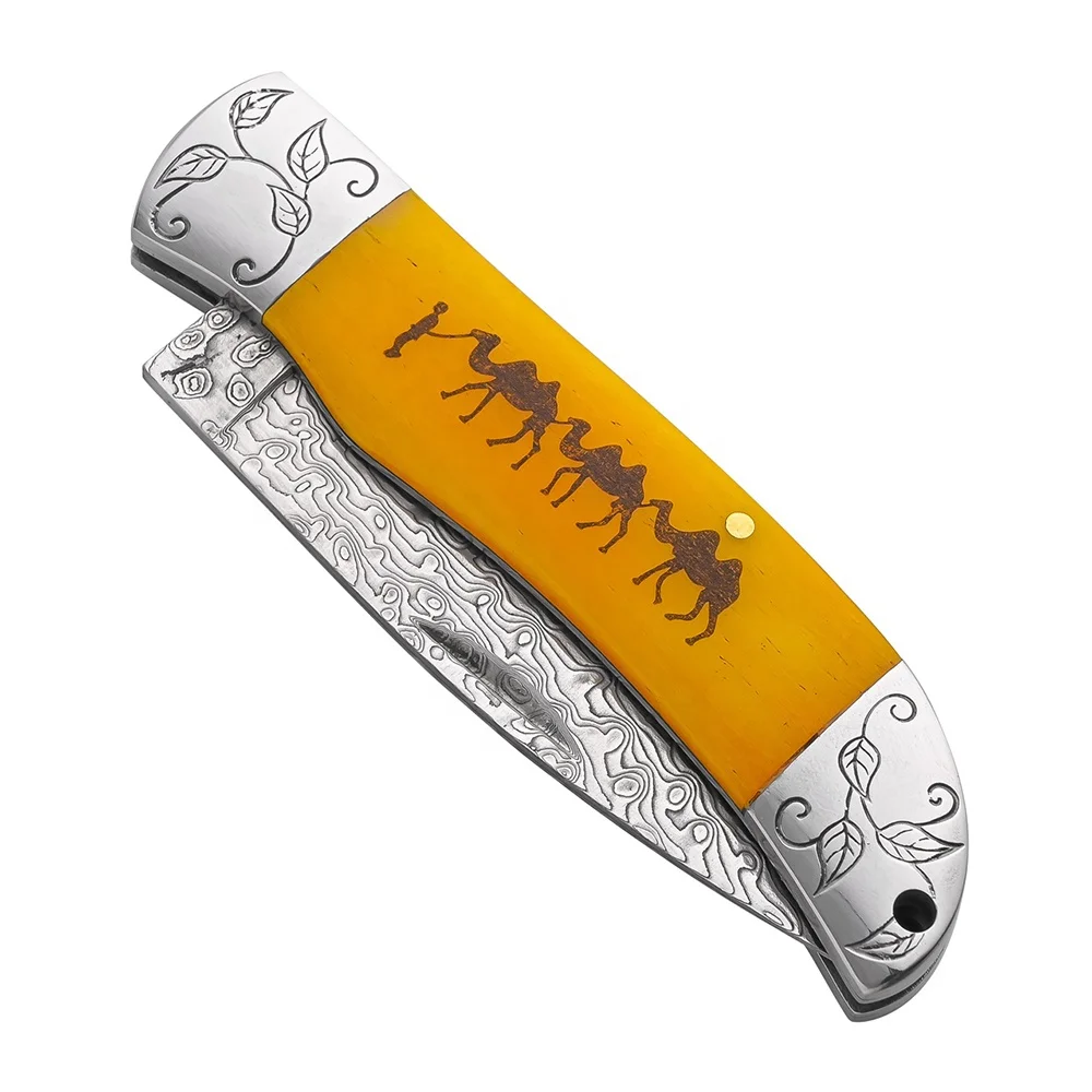 Wholesale Damascus Steel Folding EDC Knife Bone Handle Camping Survival Pocket Knife