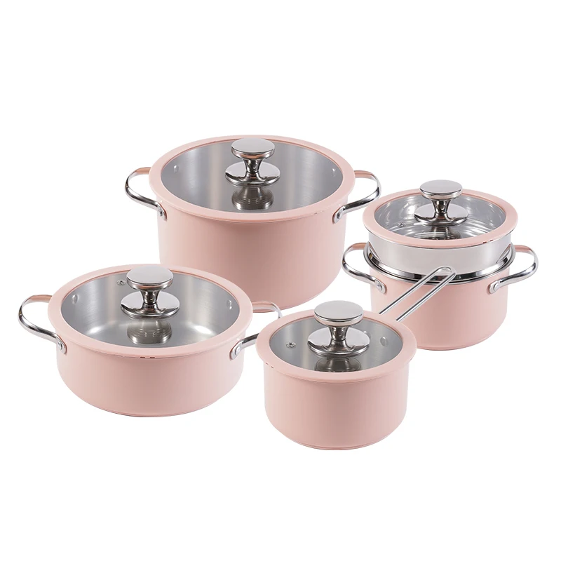 Purecook Fashion Style Food Safety Certificate Ceramic Paint Induction Cooking Pot Stainless Steel Nonstick Pink Cookware Sets