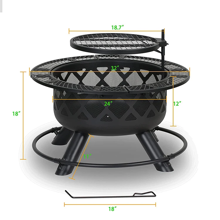 32in Steel Outdoor Fire Pit Wood Burning bbq Fire Pit Portable Fire Pit With Removable Cooking Grill