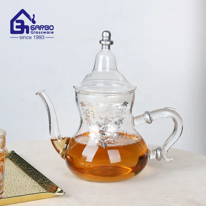 High quality 900ml borosilicate handmade tea pot microwave safe Customized Decal Arabic Moroccan Style Drinking Glass Teapot