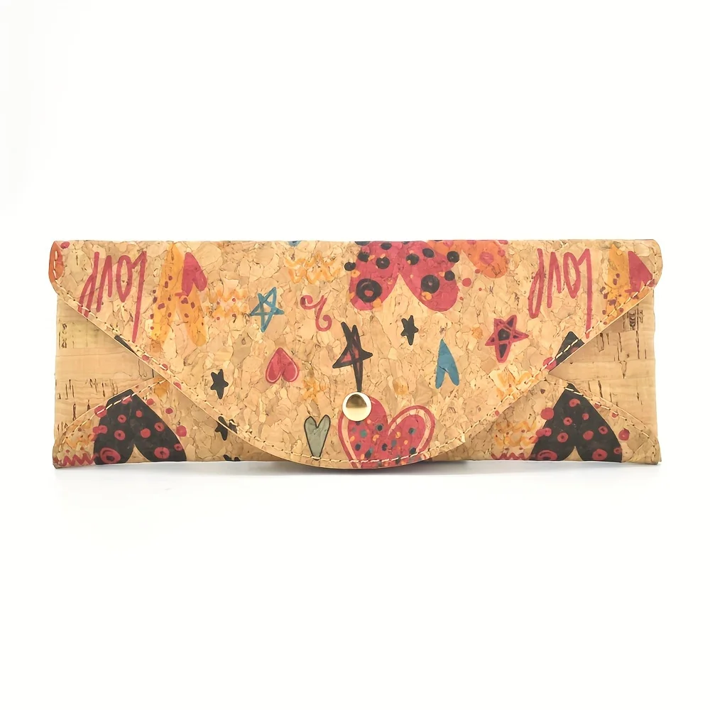 Retro Pattern Long Flap Cork Purse Multifunctional Cork Pencil Case With Button Textured Cork Wallet