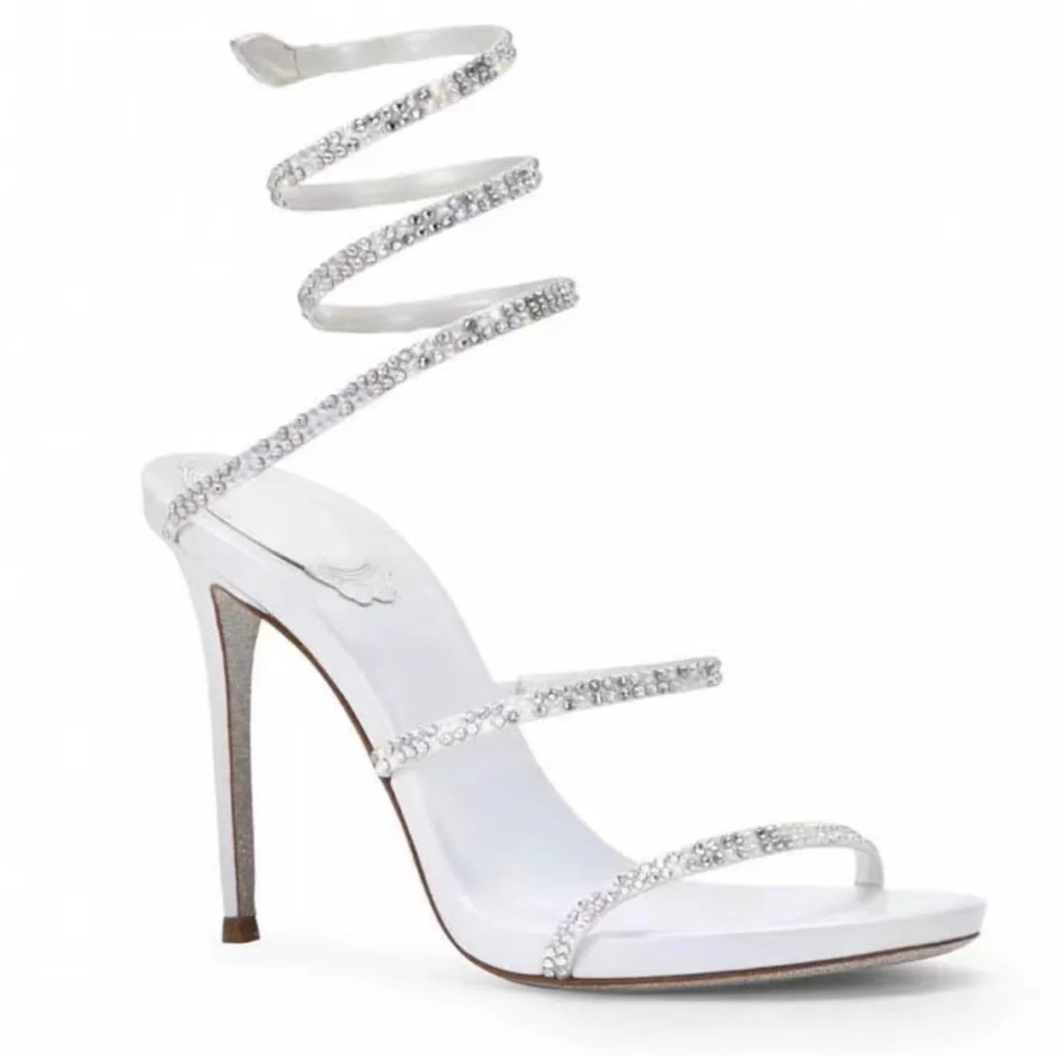 2024 Rhinestone Silver White Party Dress Shoes Snake like Winding Stiletto High Heels Sexy Sandals for Women