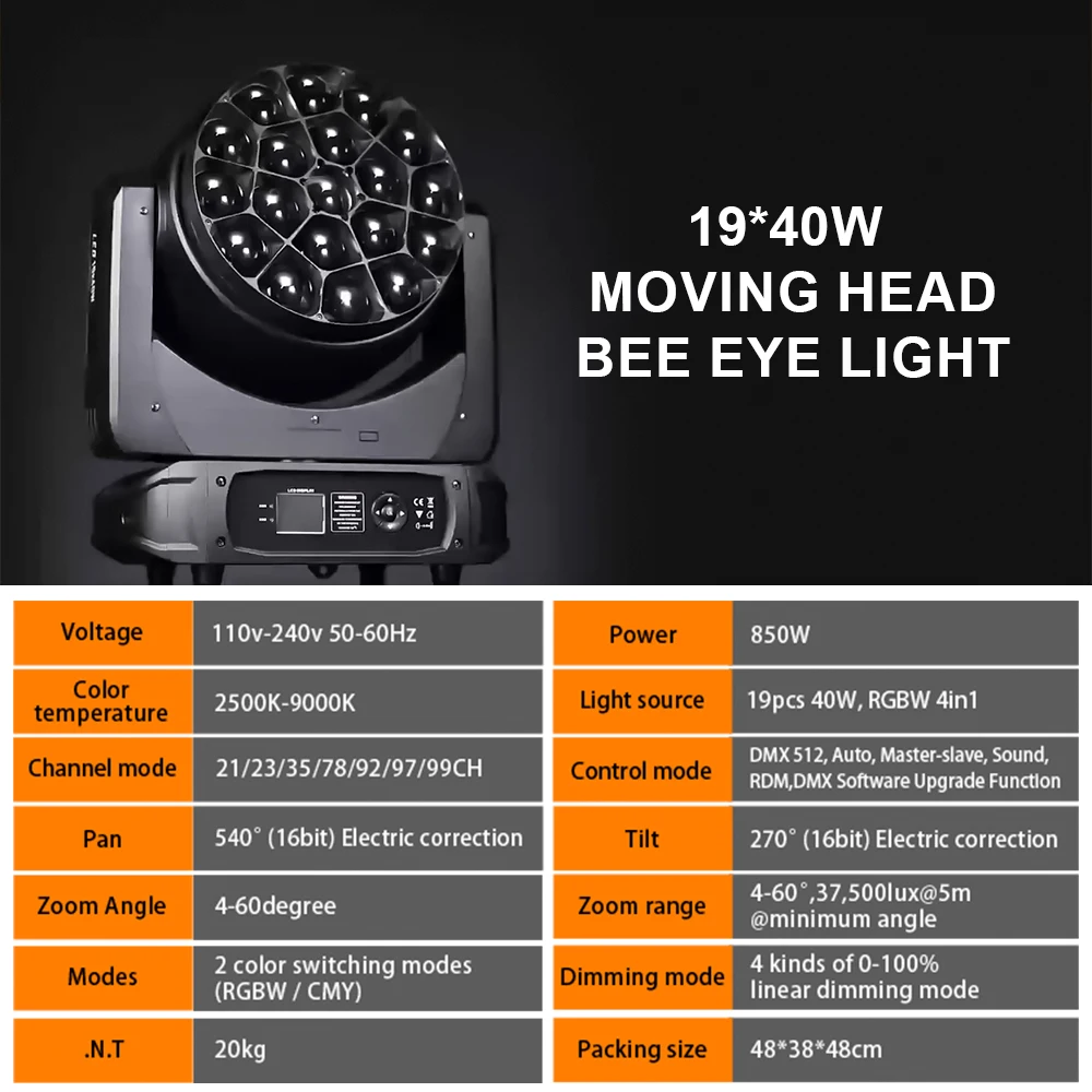 HAWKEYE 19x40W RGBW 4in1 LED moving head light with DMX control bee eye beam moving lights for stage disco party dj club using