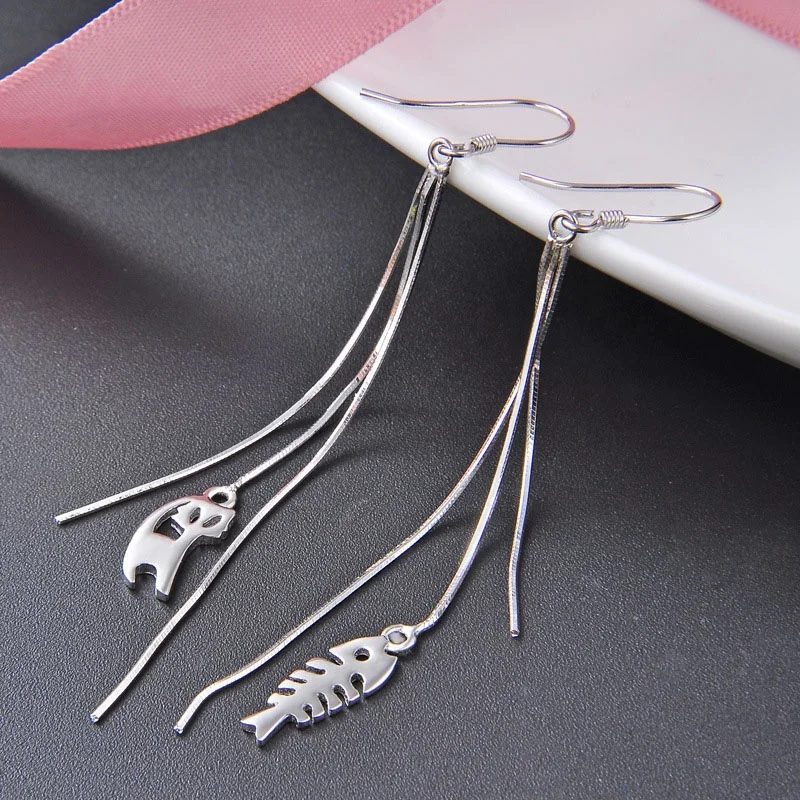 
Factory direct sales femininity Korea fish bone cat 925 sterling silver animal long tassel hooks earrings 