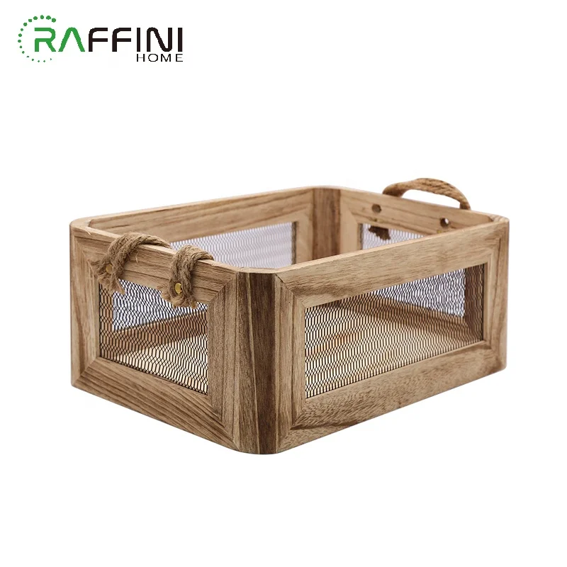 
Fruit Basket Halloween Toys Box Vintage Storage Organization Home Factory Customised Wire Splicing Wooden Basket With Handle 