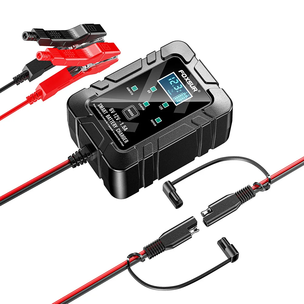 FOXSUR 1.5A Car 12V 6V Motorcycle Battery Charger for Lead-acid Lithium Iron Battery Charger