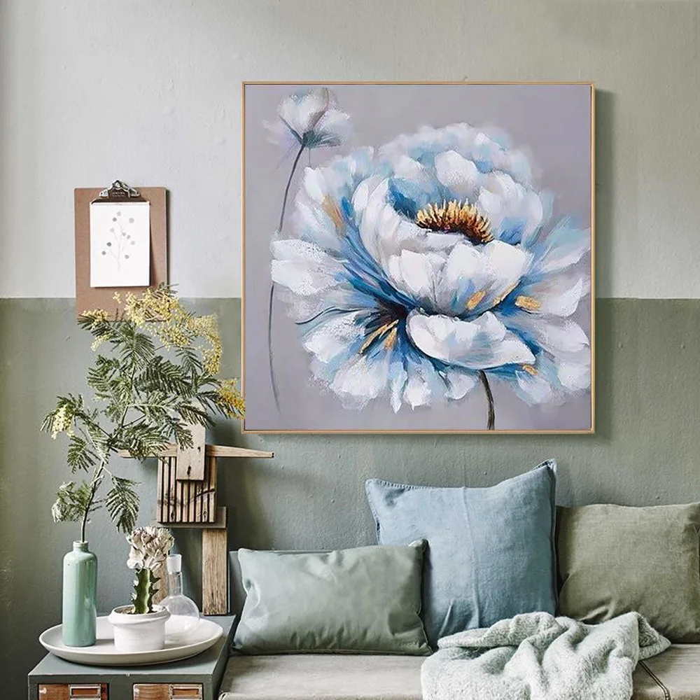 Professional Artist Handmade Blue Blooming Flowers Oil Painting on Canvas Modern Flower Art Picture for Wall Decor Hang Painting