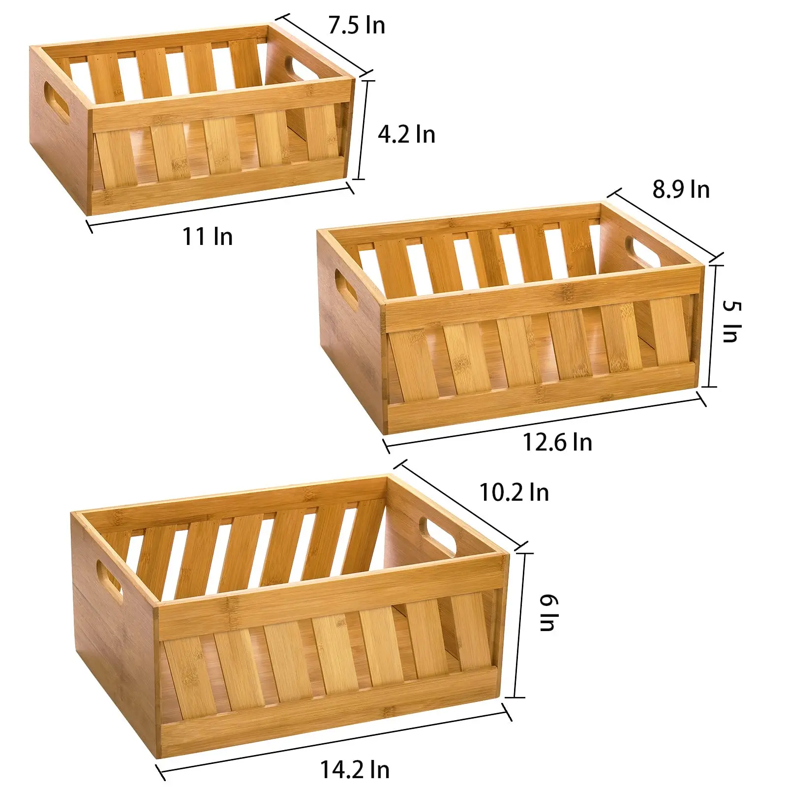 Set of 3 Bamboo Nesting Storage Crates, Rustic Decorative Wooden Crates Storage Container with Handle, Farmhouse Style Wood Box