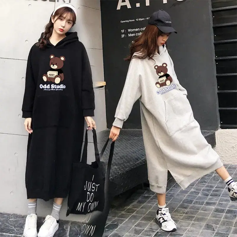 Длинное платье YiXin с капюшоном для женщин, свободная модная Толстовка большого размера, женское милое платье с капюшоном с принтом для женщин