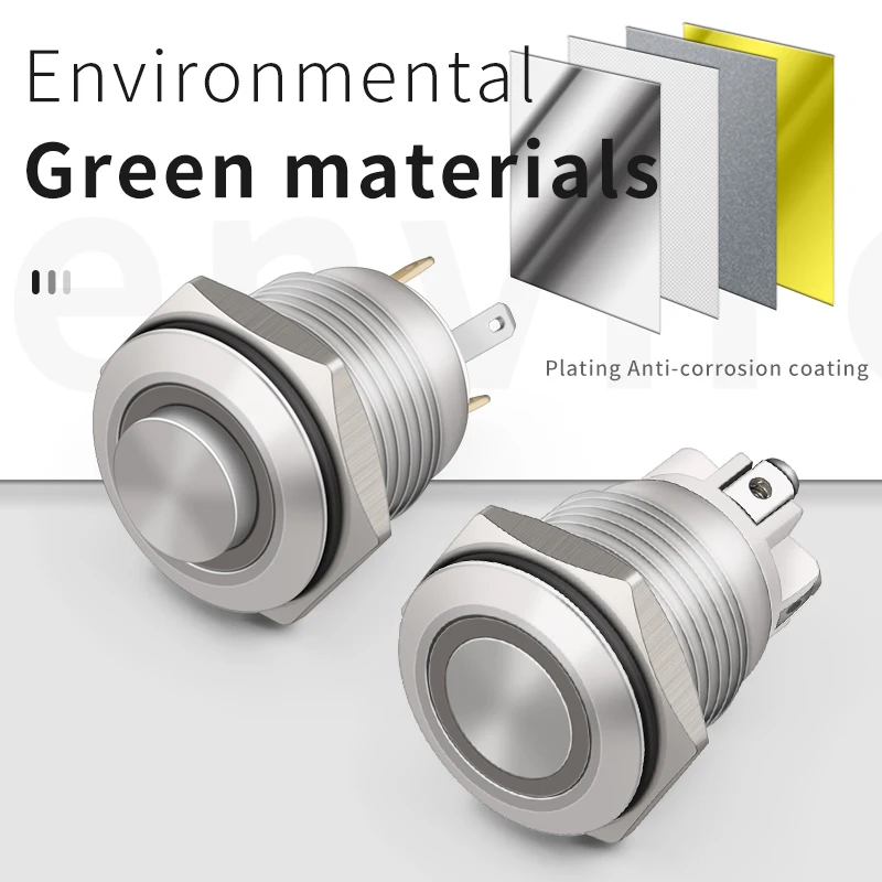 19mm flat head 1no SPST momentary 4 pins ring illuminated waterproof metal push button switch