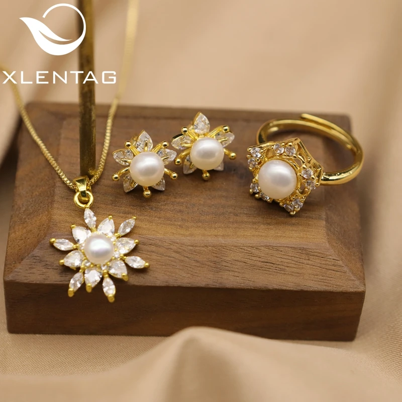 Natural Freshwater Pearl 18k gold plated Necklace Earring Ring Jewelry Set for Women designer fashion vintage wedding jewely set