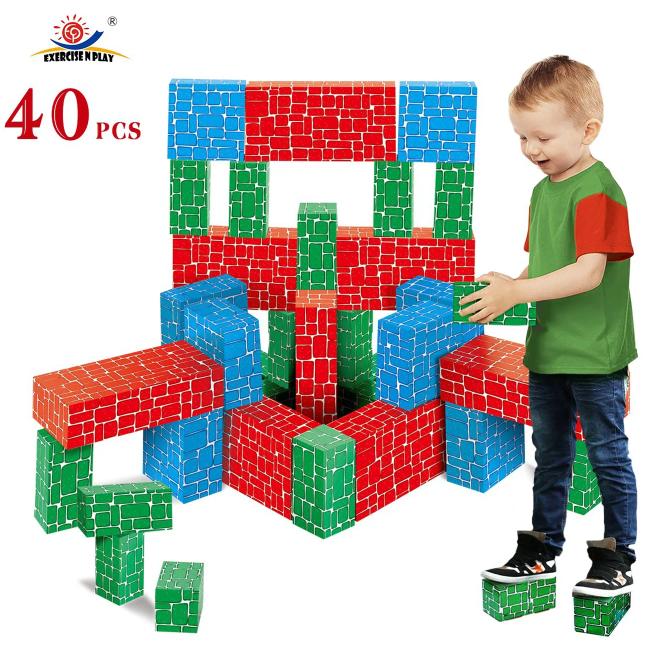 EXERCISE N PLAY Cardboard Building Block, 40pcs Extra-Thick Jumbo Giant Stackable Building Blocks in 3 Sizes for Kids