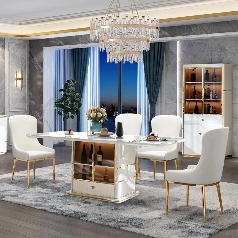 Modern Design White Wood Dinning Table Set 4 Chairs 6 Seater Full Home Furniture Large Luxury Wooden Dining Room Table Set