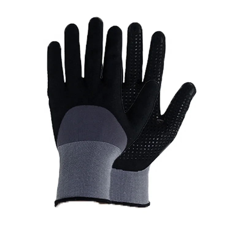 15 gauge nylon and spandex seamless knitted 3/4 nitrile coated working gloves with nitrile dots on palm