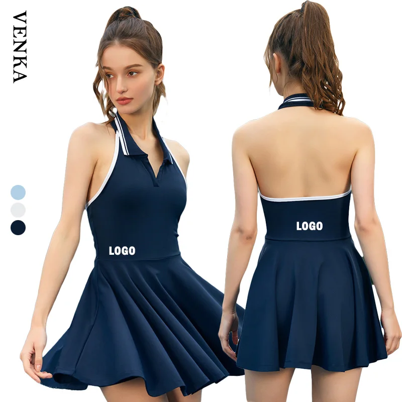 Women New Fitness 2 In 1 Yoga Suit Skirt Color Blocking Lapel Polo Collar Halter Golf Tennis Badminton One Piece Dress Frock