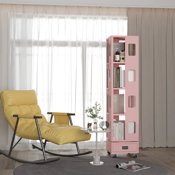 Space Saving Steel Rotating Bookshelf with Mobile Wheels 360° Book Shelf for Library Study Room Bedroom Floor-Standing Bookcases