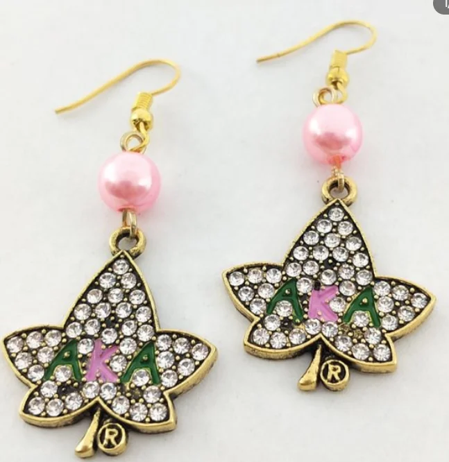 Customize New Trendy Metal Alloy Pink Green Diamond maple leaf pendant Diamond  KAPPA ALPHA AK Earrings Greek Costume Jewelry
