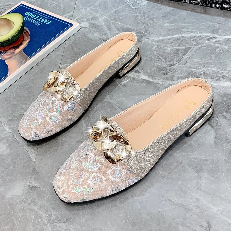 StepGrace Wholesale Luxury Women Fashion Metal Chain Walking Flats Wedding Shoes Casual Outdoor Slip-On  Sandals For Women Flats