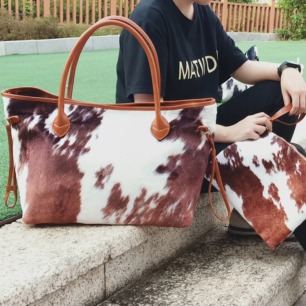 Women Suede Brown Cowhide Bag Wholesale Large Black and White Cow Print Weekend Tote Travel Bag Wristlet Gift