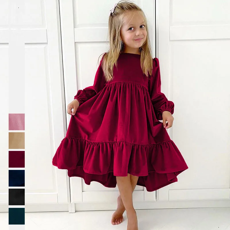 Fashion Wholesale Solid Color Print  Christmas Velvet Fabric Girls Kids Children Party Long Sleeve Thick Winter Red Twirl Dress