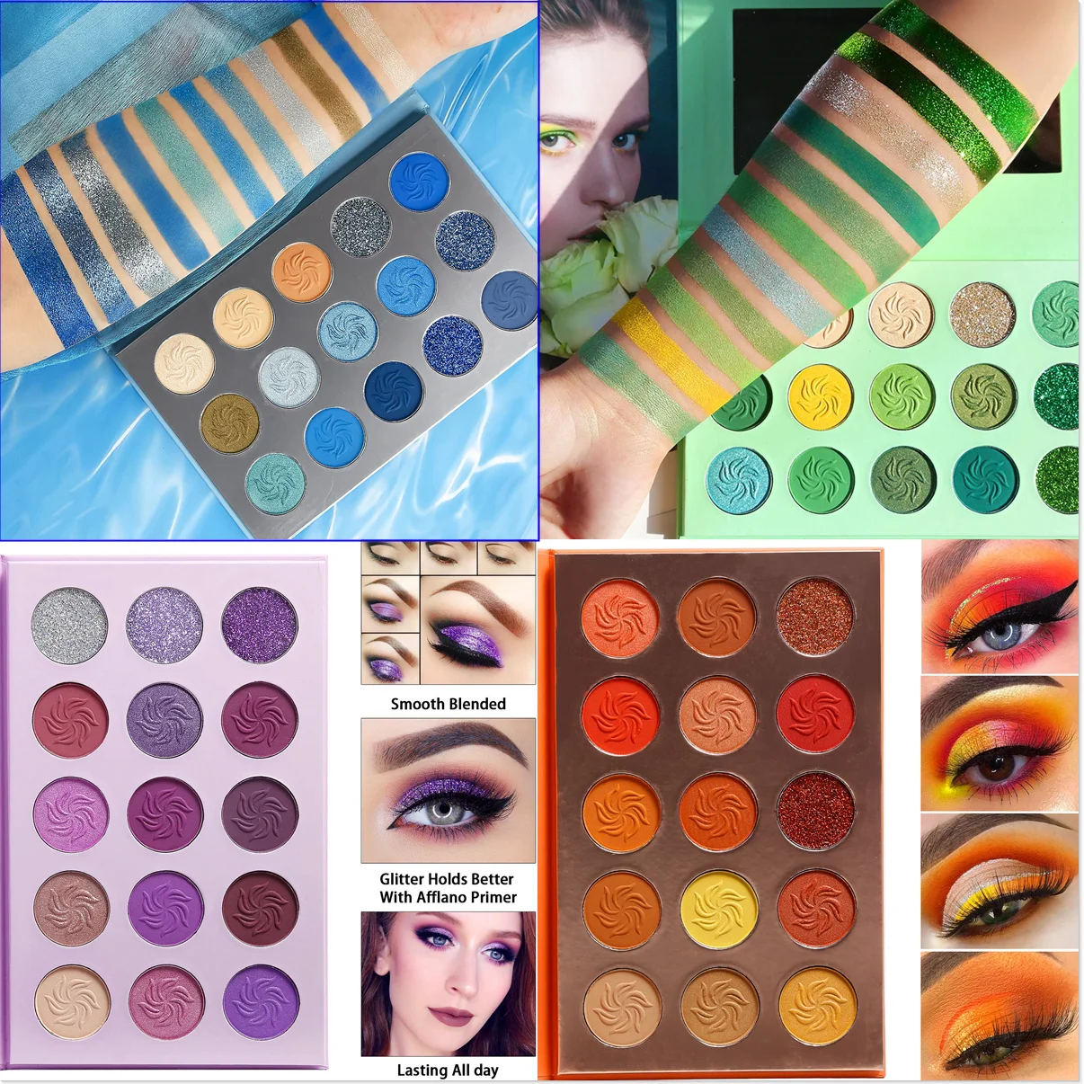 Private Label AFFLAN Highly Pigmented Waterproof Shimmer Makeup Matte Eyes Blue Green Pink Purple Eyeshadow Palette