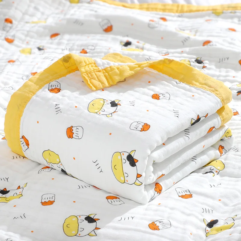 stock 110*110 cm 350 g/pc baby 6 layers muslin newborn quilt infant 100% cotton fabric swaddle blankets with colored border