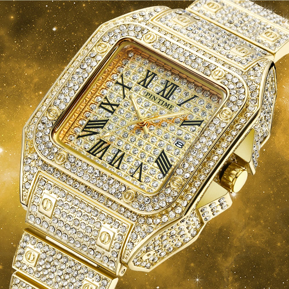 Amazon hot sale Square Watch Men Hip Hop Iced Out Watches Top Brand Luxury Gold Quartz Clock relogio