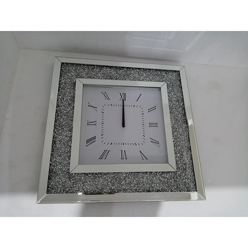 YGSZ0009 High quality customized glass wall clock with wholesale price glass crushed crystal  mirrored wall clock