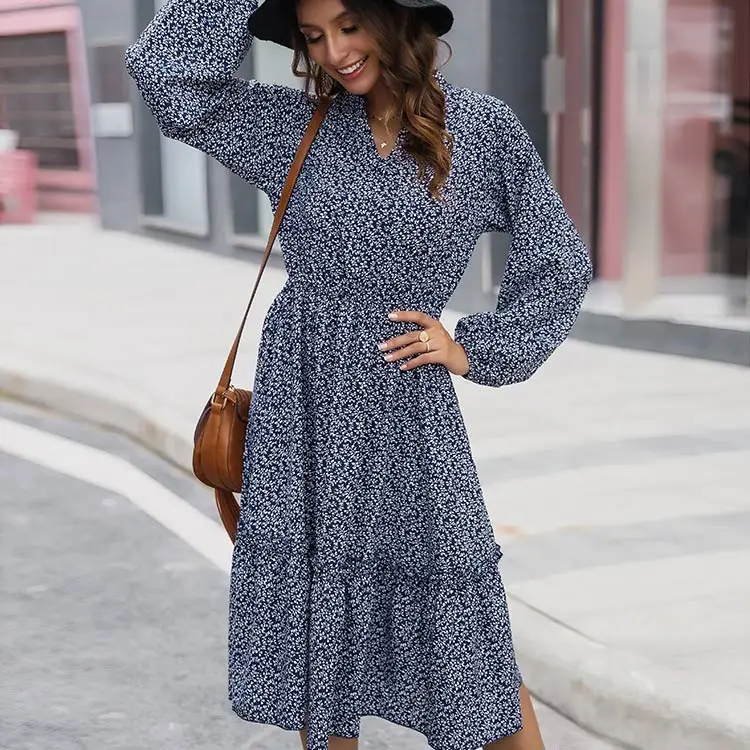 
2021 New Fashion blue polyester long dress women casual floral new years dress women buy dress fabric 