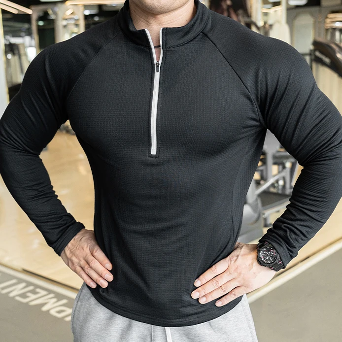Autumn mens polyester spandex performance gym workout training shirts blank long sleeve quarter zip pullover tshirt