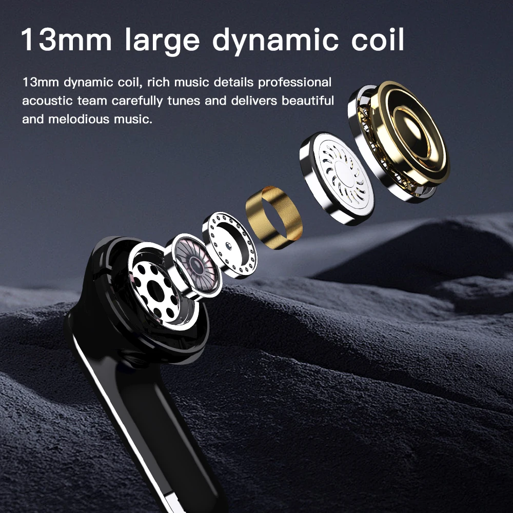 13mm Large Dynamic Wireless Earbuds with Noise Cancelling 4 HD Microphones LED Battery Indicator In-Ear Short Handle Design