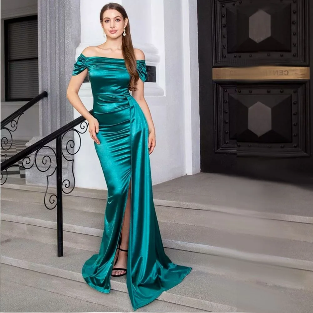 Dark Green Off the Shoulder Ruched Long Maxi Dress Sexy Formal Satin Split Prom Gown Evening Dresses for Women with Ribbon