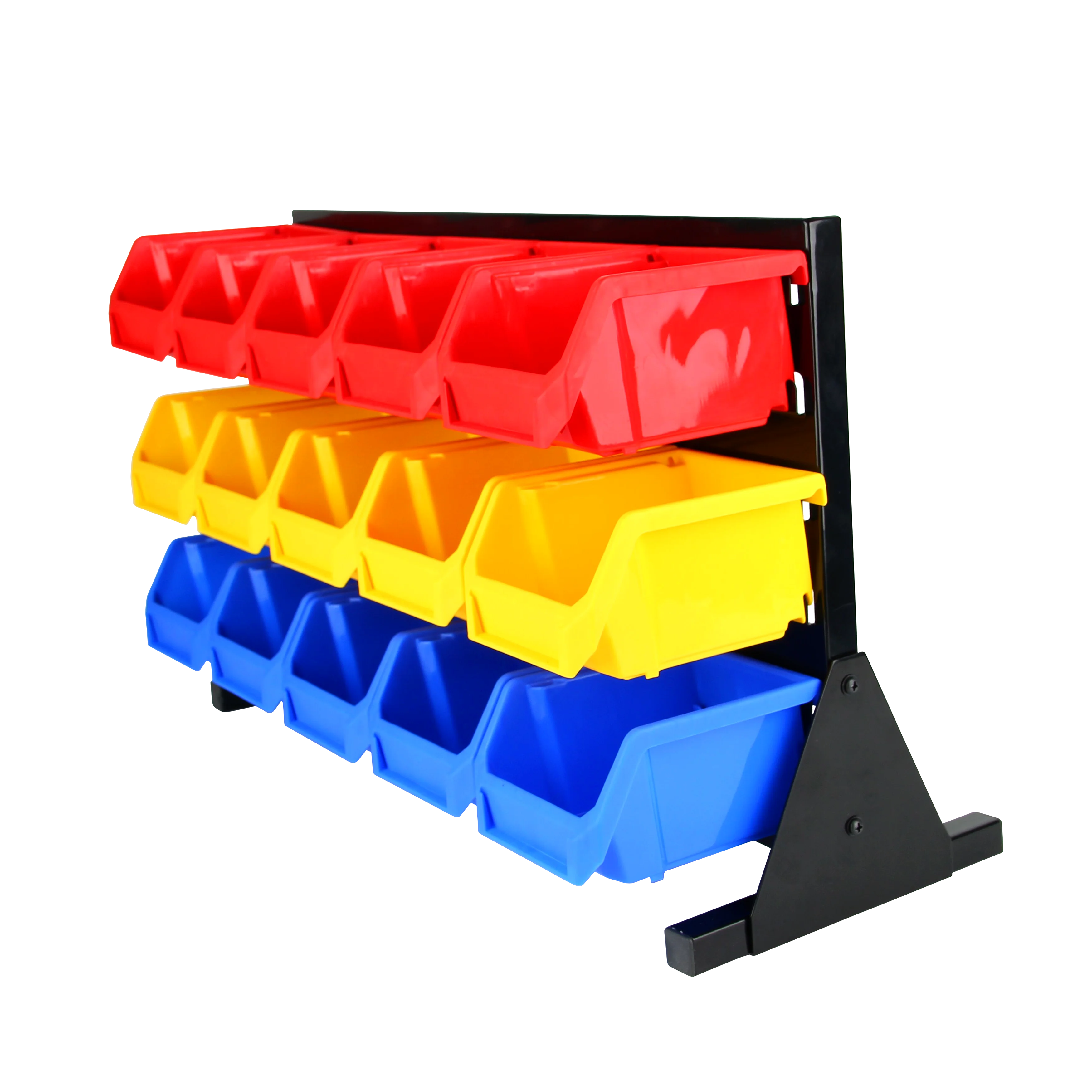 Louvered bench pick racks with 15 storage bins