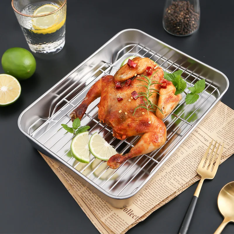Oblong Baking Tray With Wire Rack Set Half Sheet Pan Food Grade Stainless Steel Oven Tray Mirror Finished Easy Clean for Cooking