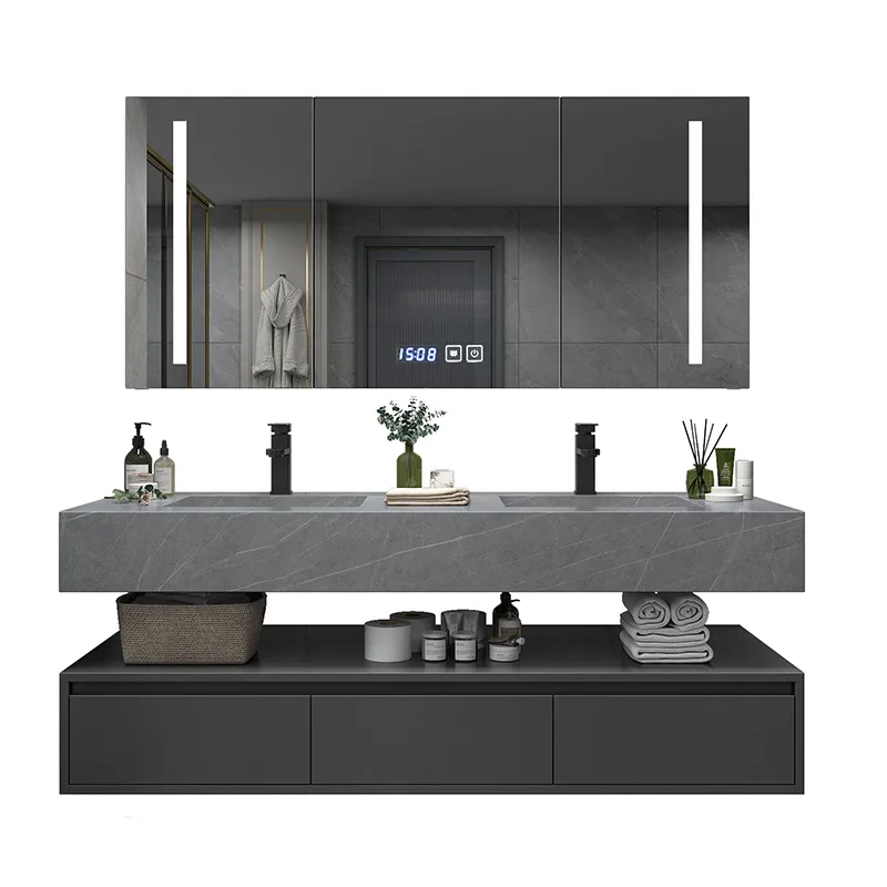 Customization] Simple Rock Slab Integrated Double-basin Bathroom Cabinet Bathroom Washstand Wash Face Wash Cabinet Smart Mirror