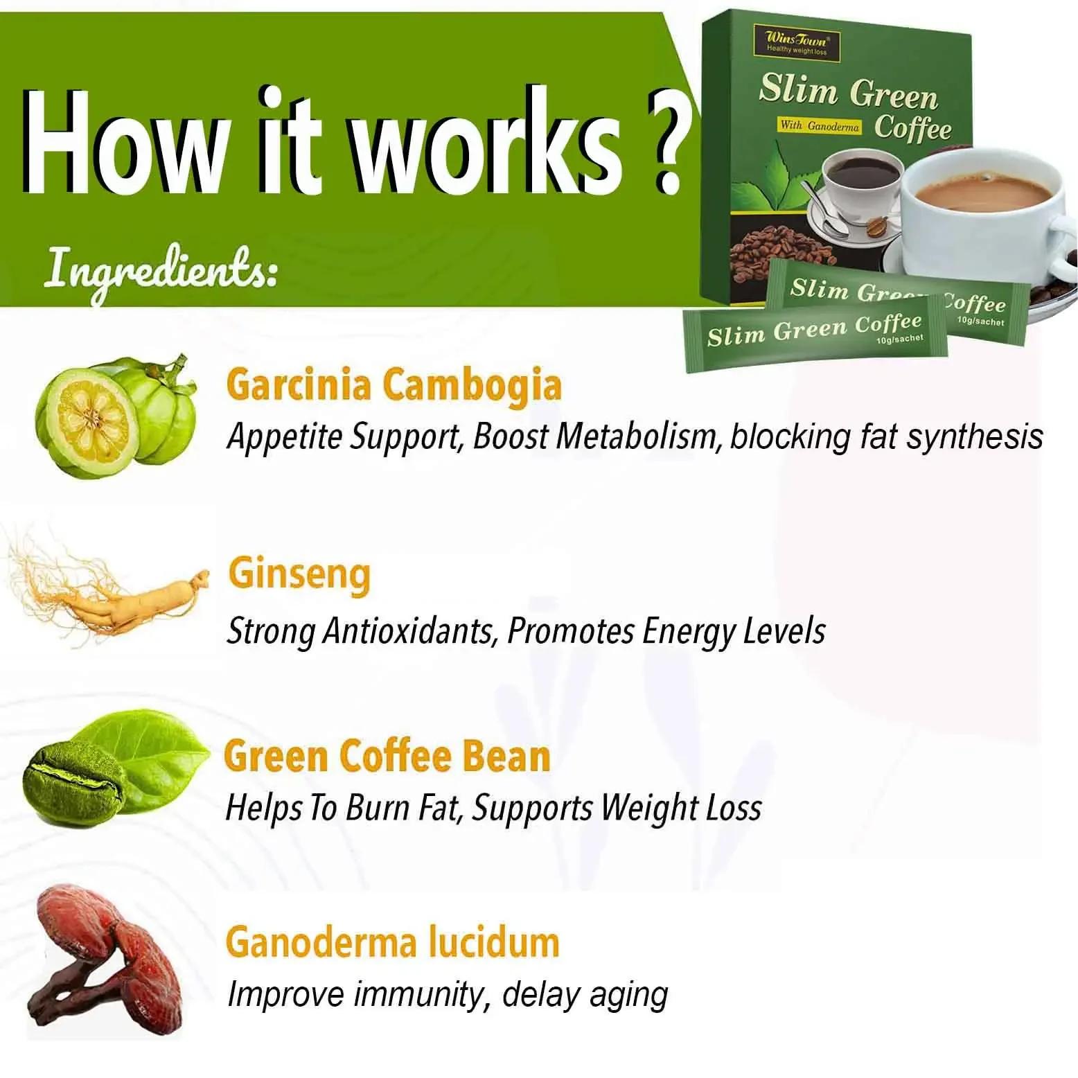 Green tea extract Natural herbal health supplement Slim green coffee Ginseng health diet coffee