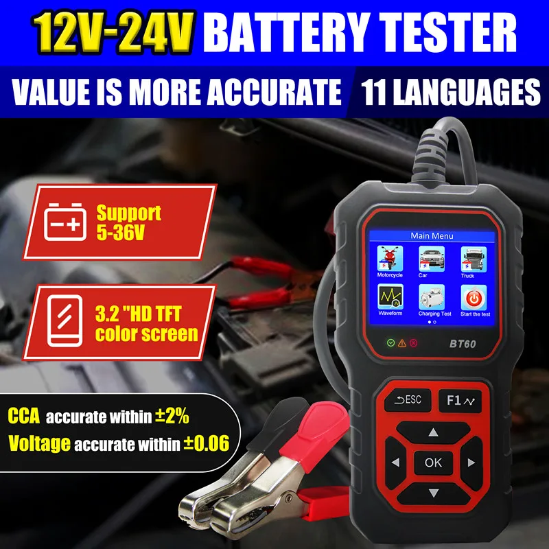 Acclope Car/Motorcycle/Truck Check Tool BT60 Battery Tester 6V-12V-24V SOH Plug And Play 11 Kinds Language SOC
