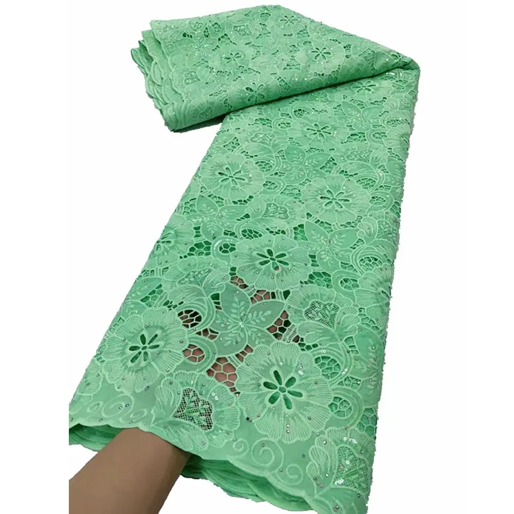 High Quality Mint Green Guipure Lace French Openwork Fabric Gemstone Embroidery African Cope Lace Fabric with Rhinestones