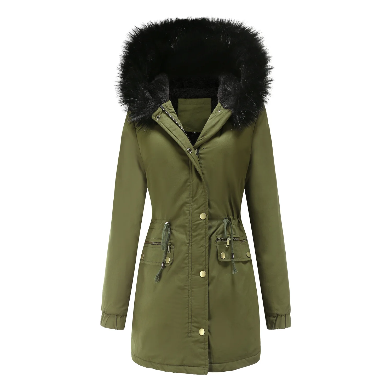 Hooded Womens Mid-Length Winter Coat Long Lined Parka Jacket Lined With Fleece Warm Padding Thicken Overcoat