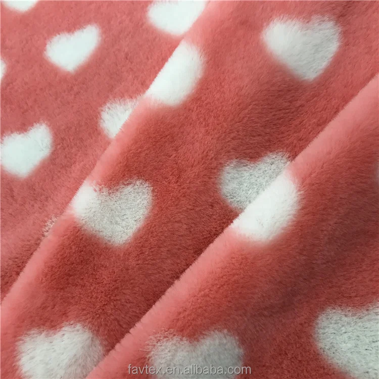 100% Polyester Knitted 8mm Low Pile Heart Print Rabbit Faux Fur Minky Plush Fabric