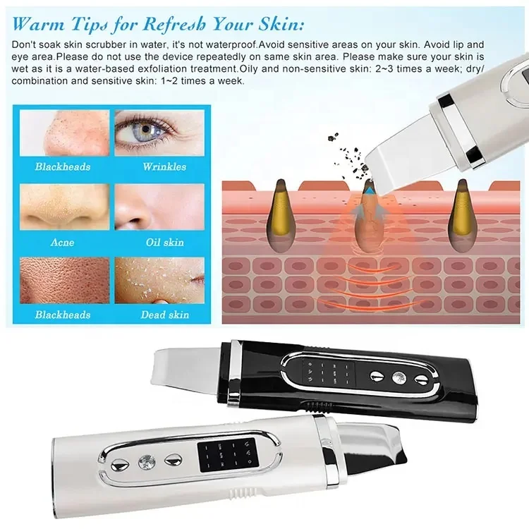 Portable Waterproof Ultrasonic Peeler Beauty Facial Rejuvenation Heat Skin Spatula Ultrasonic Deep Face Cleaning Machine